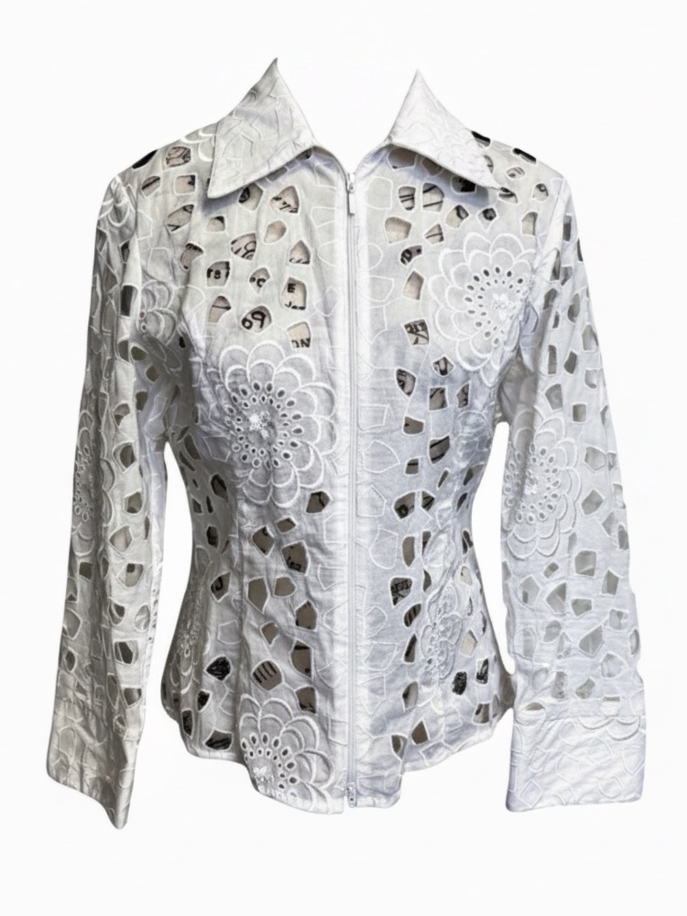 Samuel Dong Ivory Cutwork Floral Zip-Front Jacket | Women’s Small